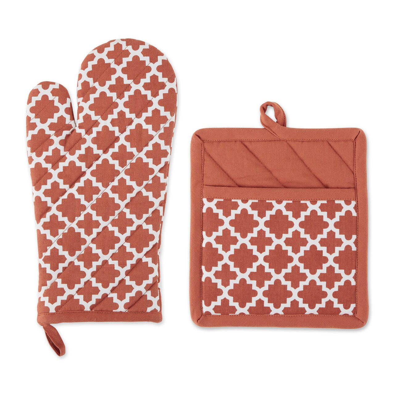 Contemporary Home Living Lattice Oven Mitt and Potholder - 13" - Orange and White - Set of 2